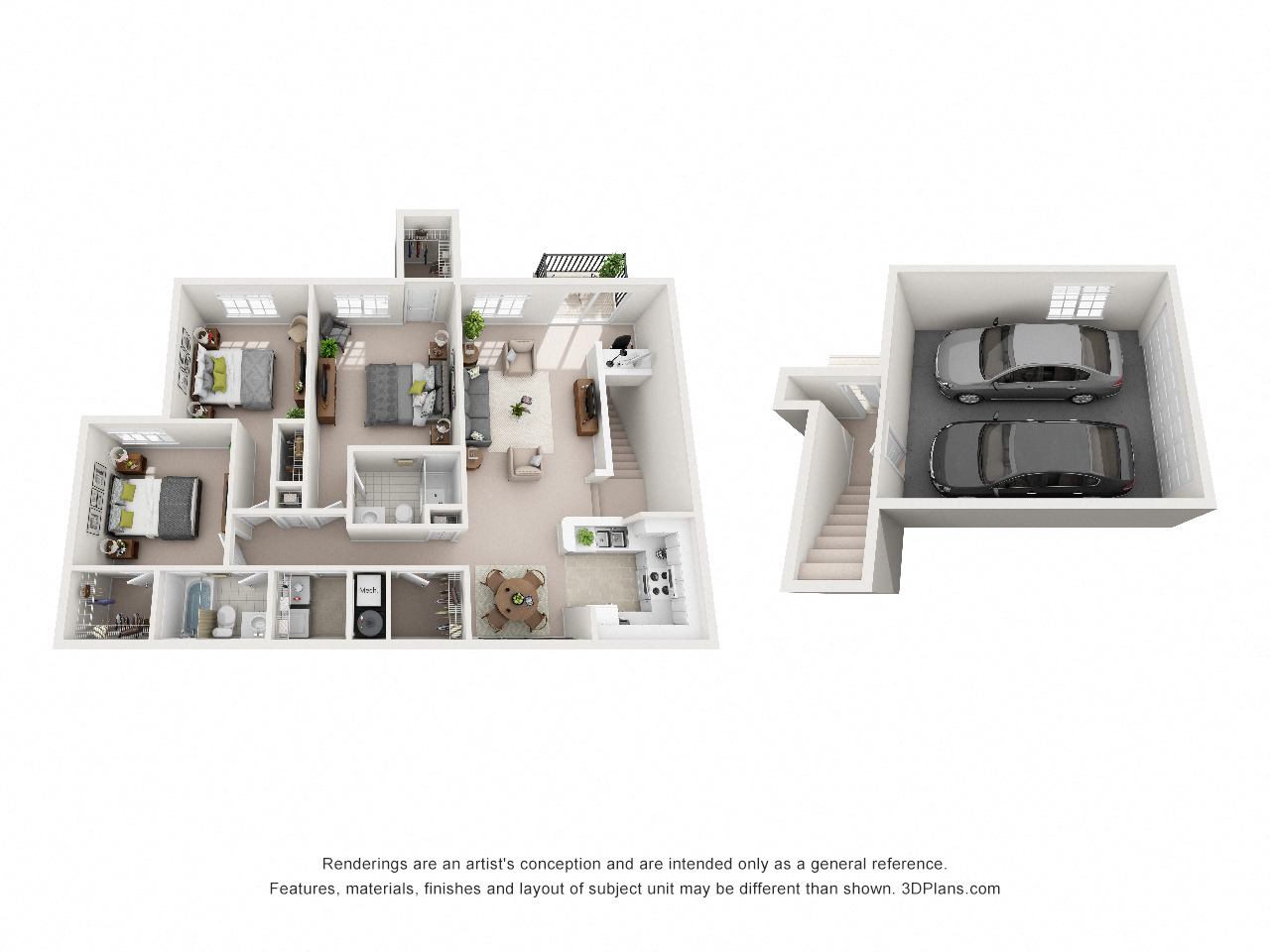 Floor plan for 3 beds, 2 baths, 1391 sqft